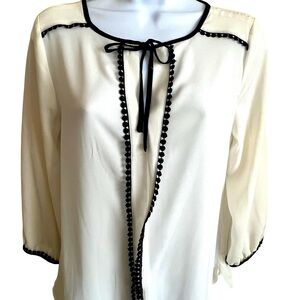 The Limited | Cream Blouse| Black Lace and Front Tie Detail